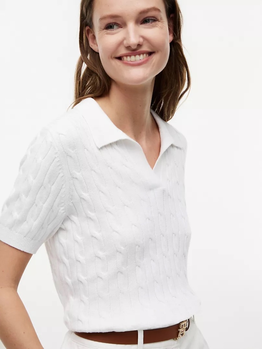 Tommy Hilfiger White Cable-Knit Polo Sweater in Size S